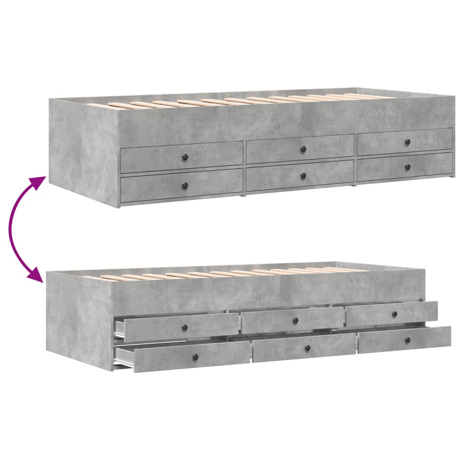 Slaapbank met lades 90x190 cm bewerkt hout betongrijs