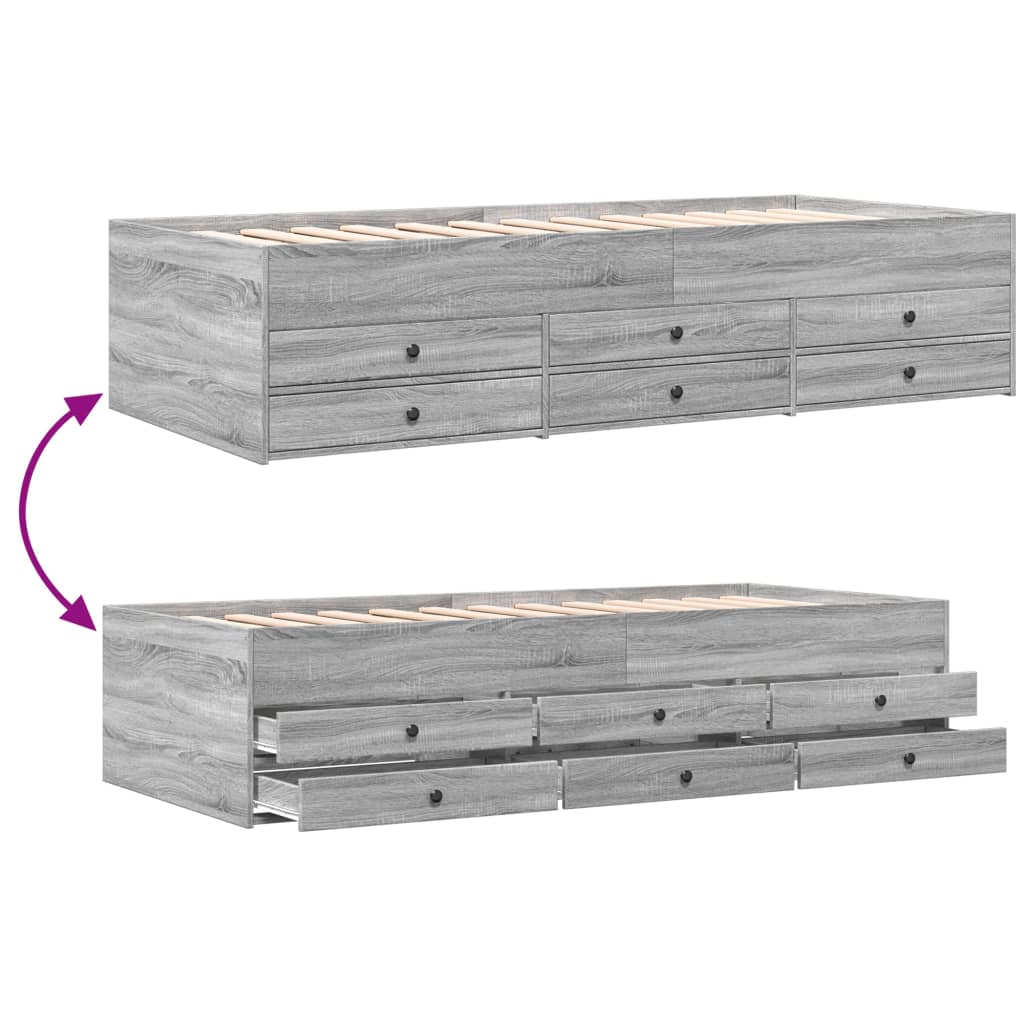 Slaapbank met lades 90x190 cm bewerkt hout grijs sonoma eiken