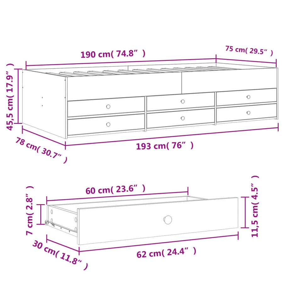 Slaapbank met lades 75x190 cm bewerkt hout zwart