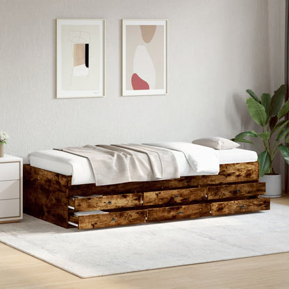 Slaapbank met lades 75x190 cm bewerkt hout gerookt eikenkleurig