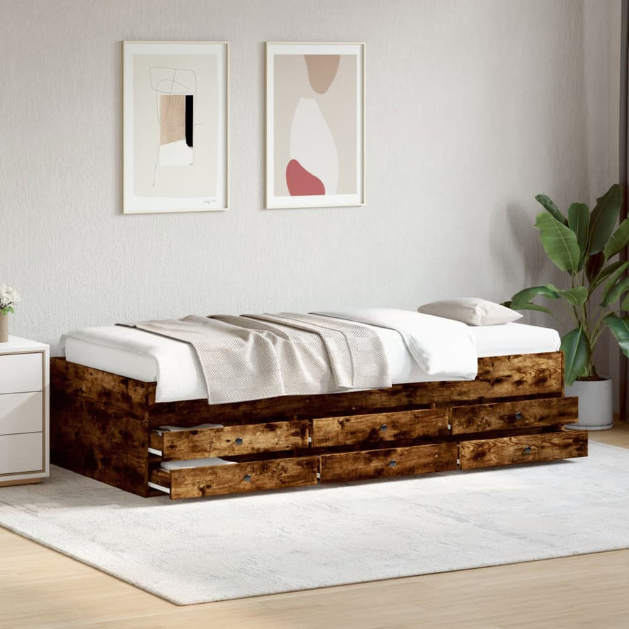 Slaapbank met lades 75x190 cm bewerkt hout gerookt eikenkleurig