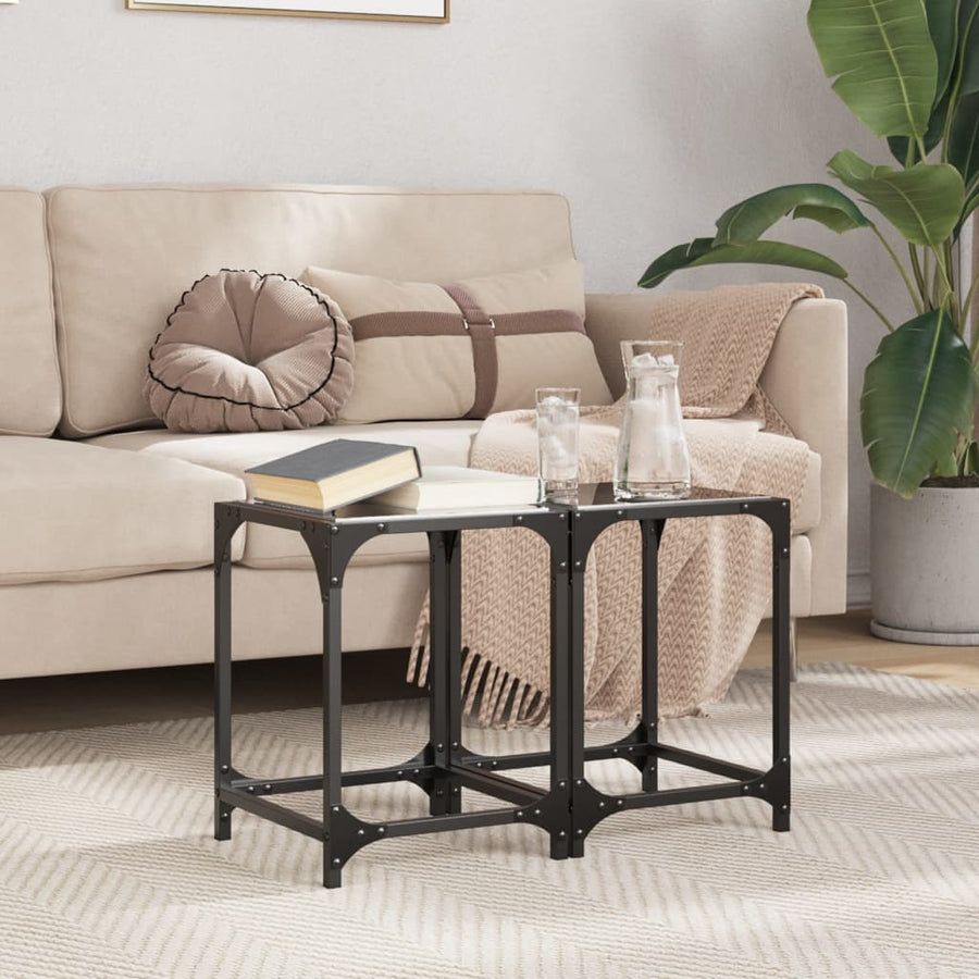Salontafels 2 st met zwart glazen blad 30x30x40 cm staal