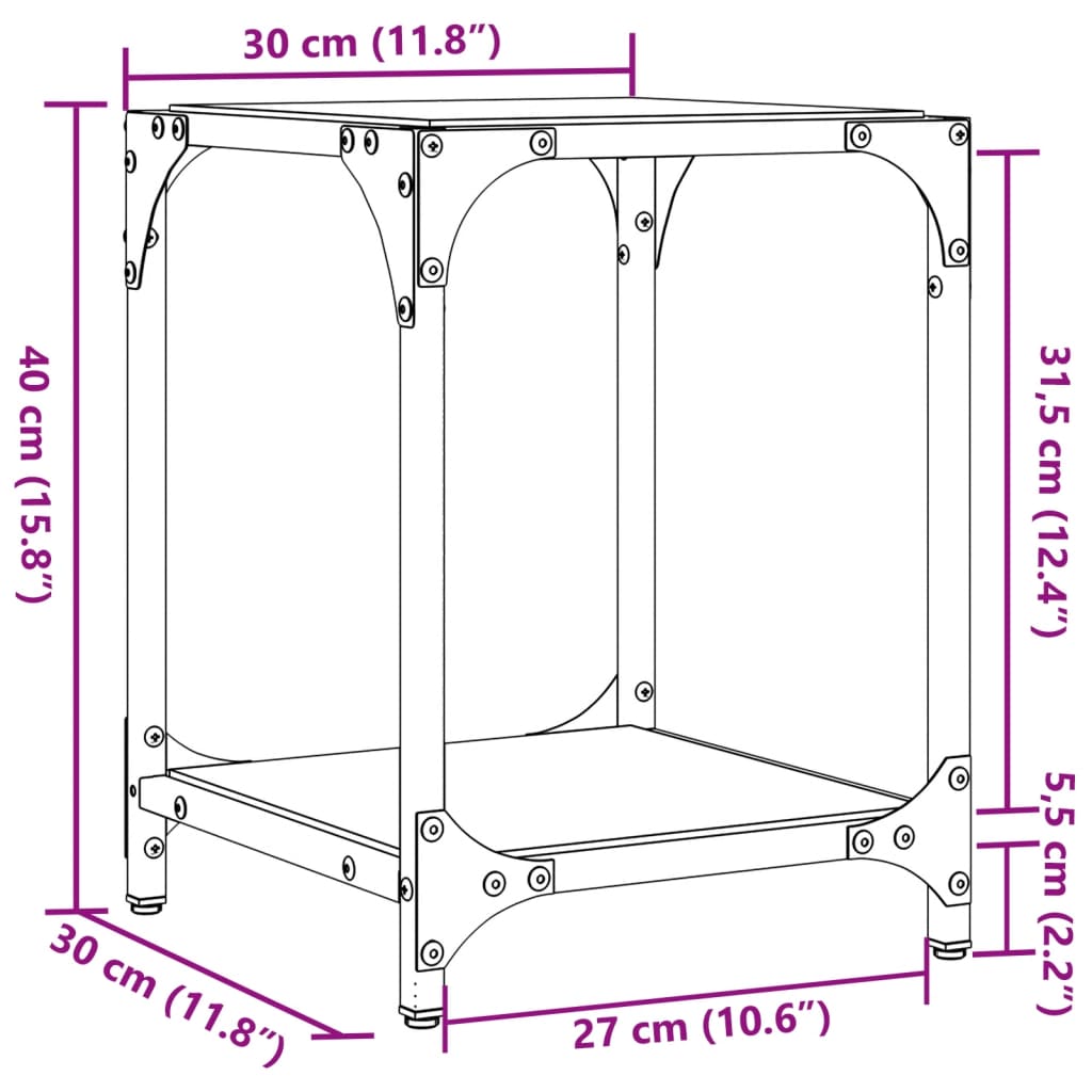 Salontafel met transparant glazen blad 30x30x40 cm staal