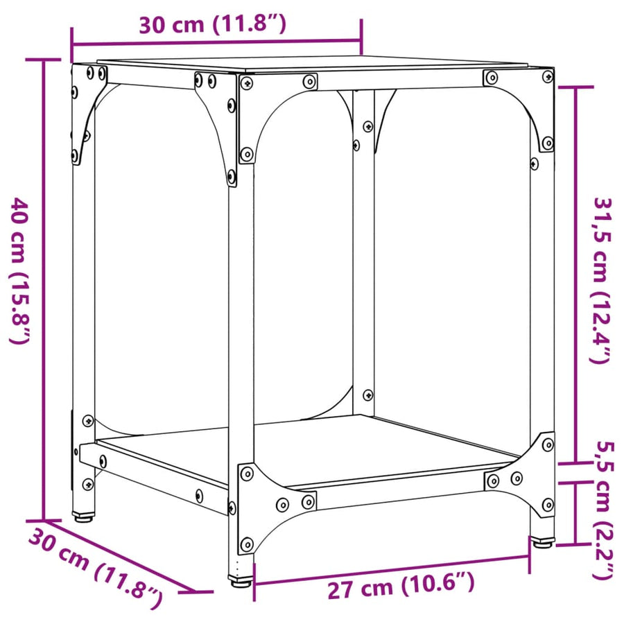 Salontafel met transparant glazen blad 30x30x40 cm staal