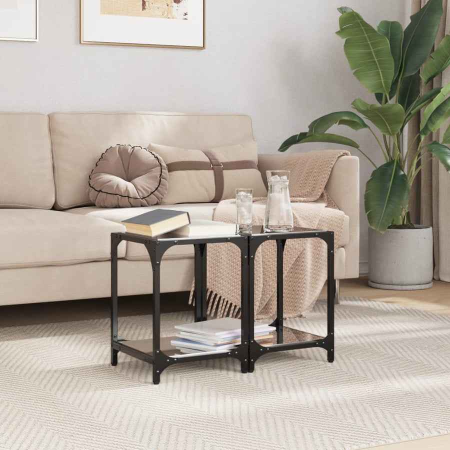 Salontafels 2 st met zwart glazen blad 30x30x40 cm staal
