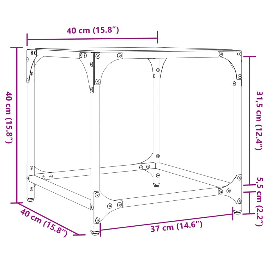 Salontafel met transparant glazen blad 40x40x40 cm staal