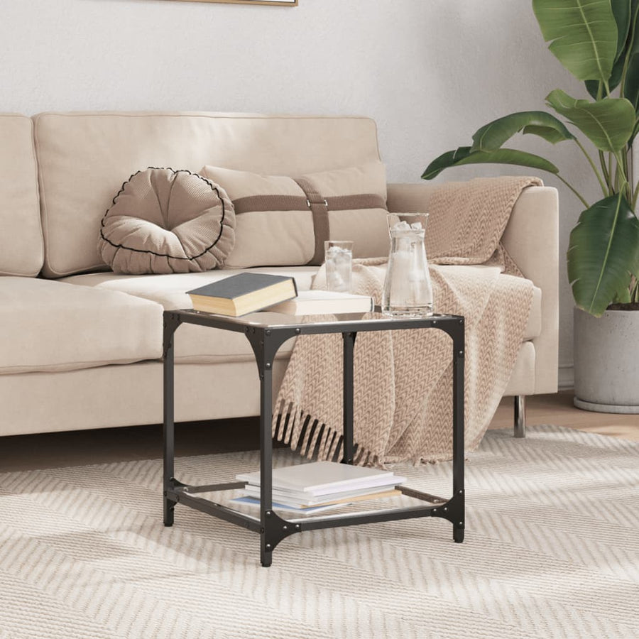 Salontafel met zwart glazen blad 40x40x40 cm staal