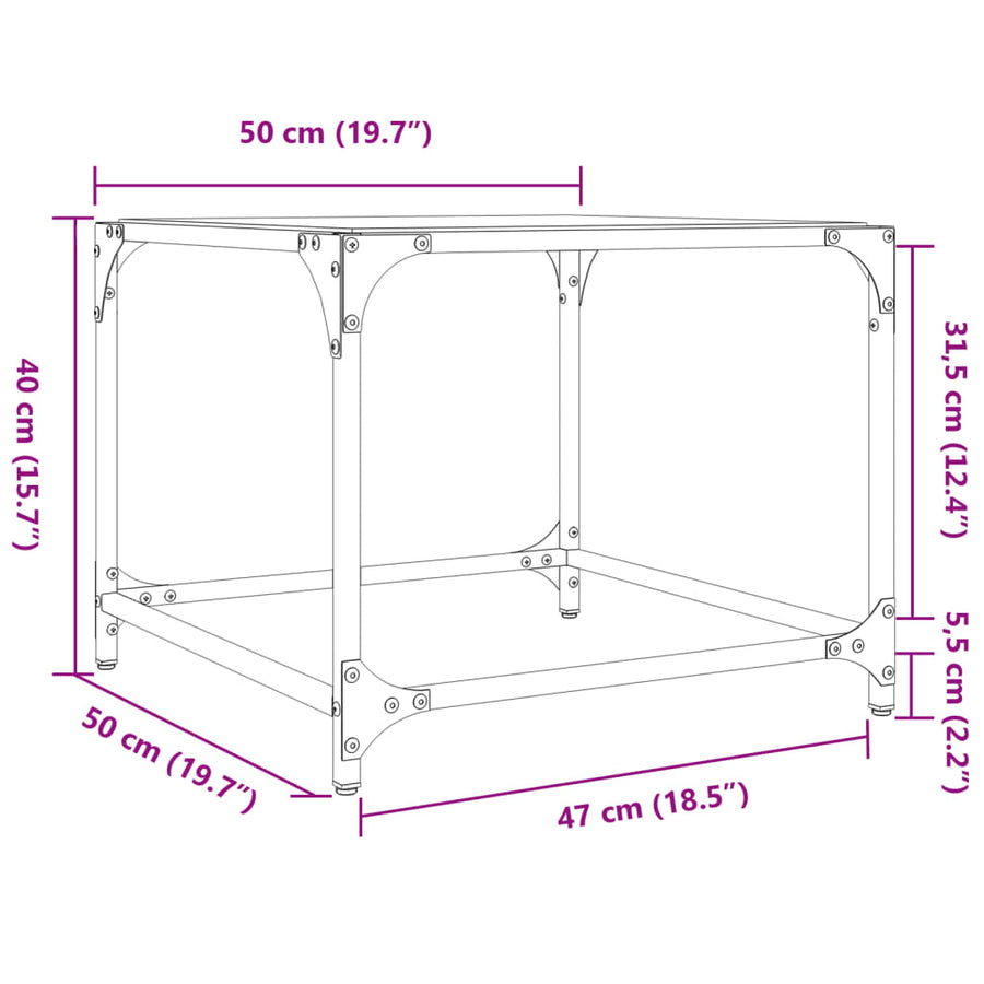 Salontafels 2 st met transparant glazen blad 50x50x40 cm staal