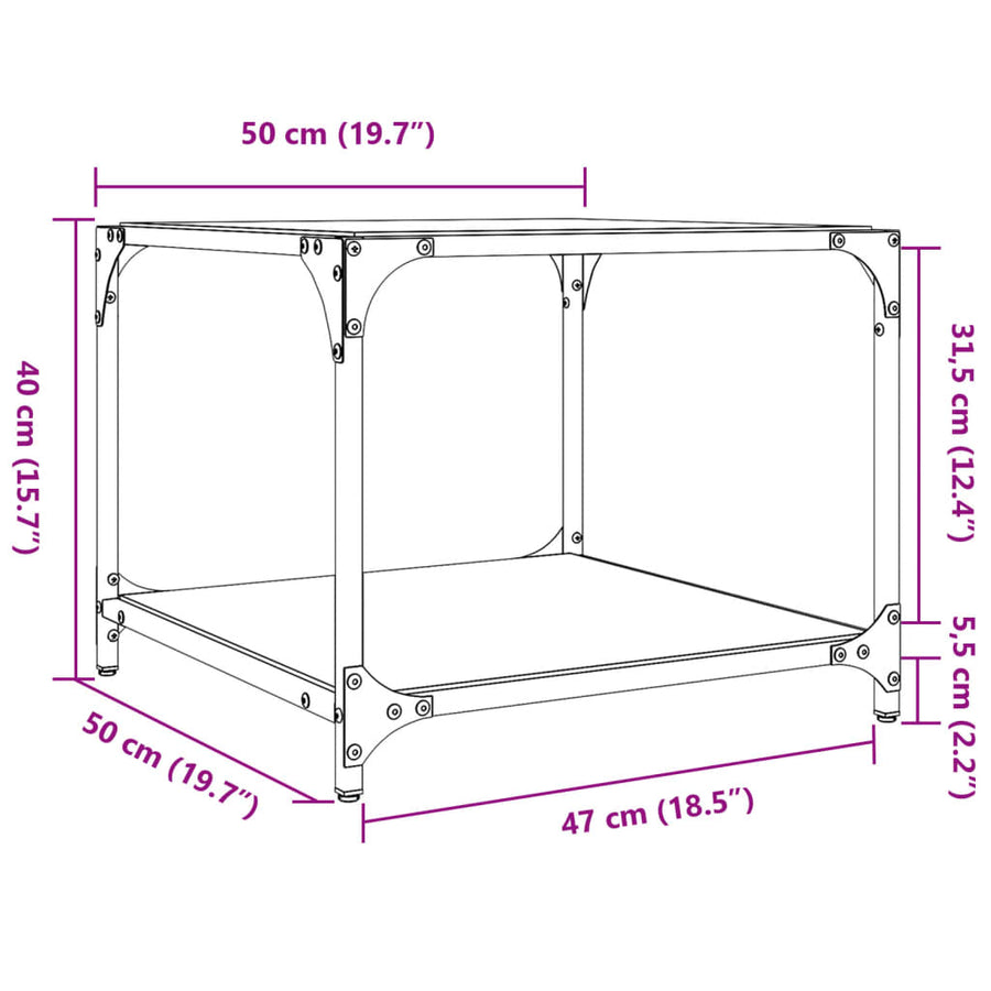 Salontafels 2 st met transparant glazen blad 50x50x40 cm staal