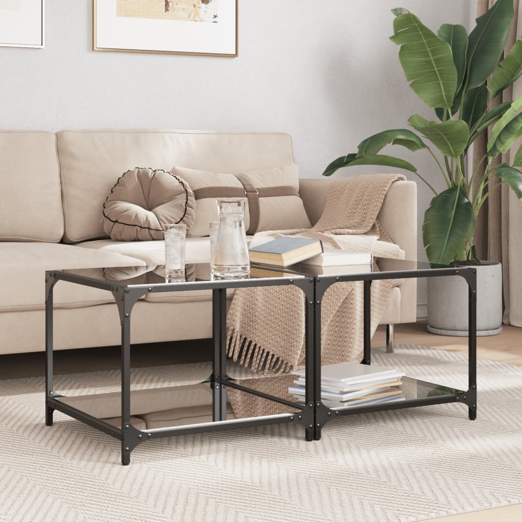 Salontafels 2 st met zwart glazen blad 50x50x40 cm staal