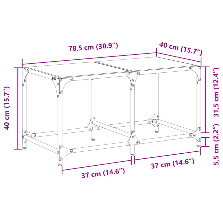 Salontafel met transparant glazen blad 78,5x40x40 cm staal