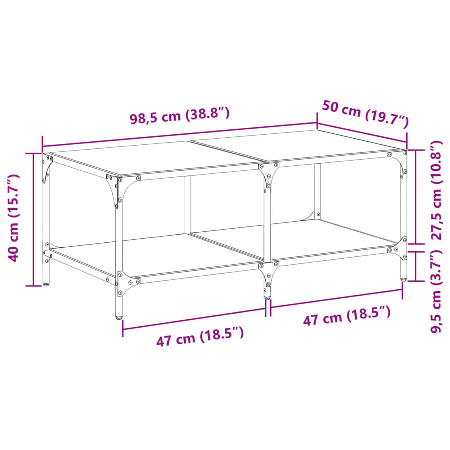 Salontafel met transparant glazen blad 98,5x50x40 cm staal