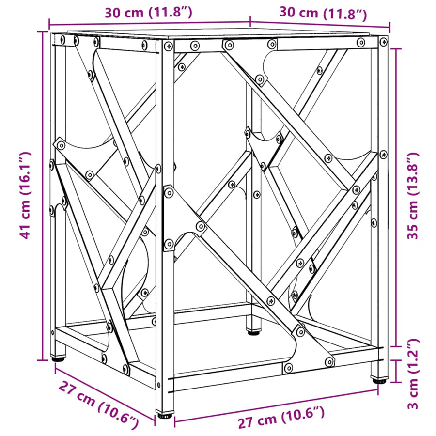 Salontafel met transparant glazen blad 30x30x41 cm staal