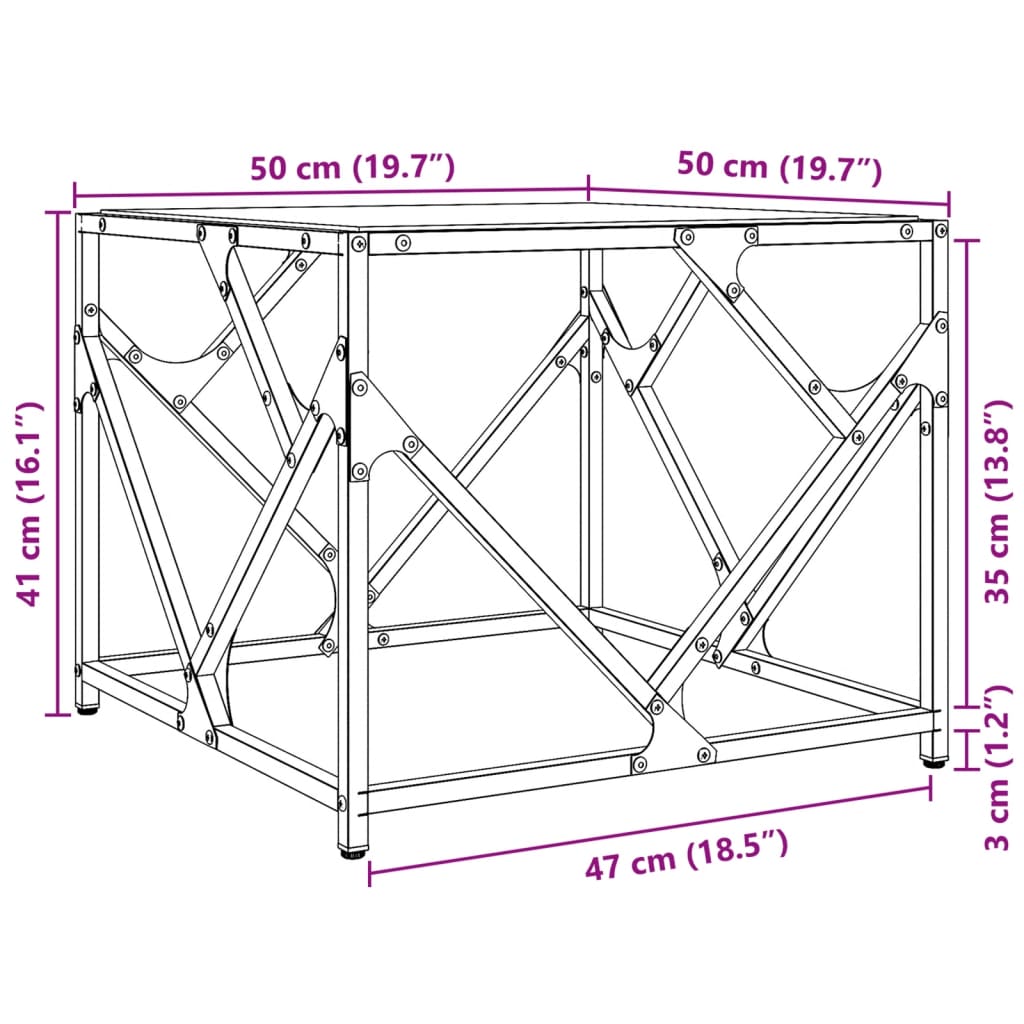 Salontafel met transparant glazen blad 50x50x41 cm staal