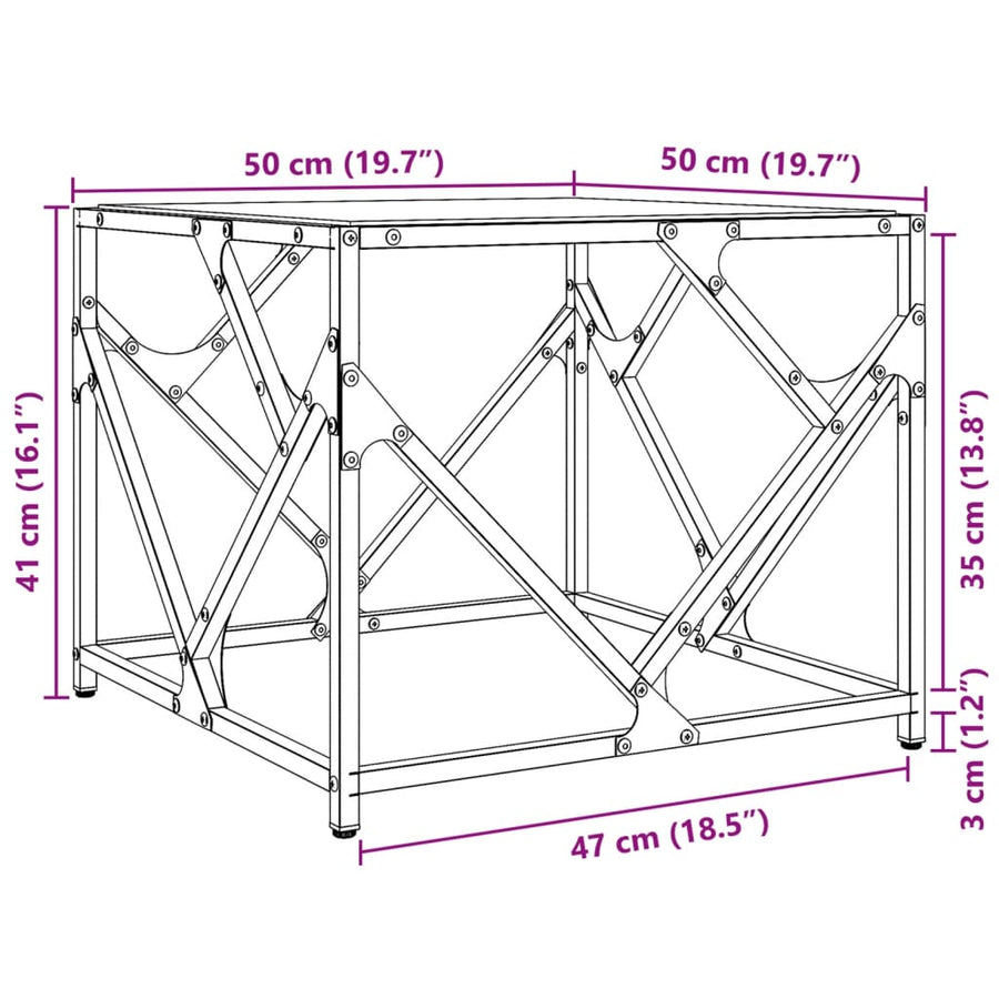 Salontafel met transparant glazen blad 50x50x41 cm staal