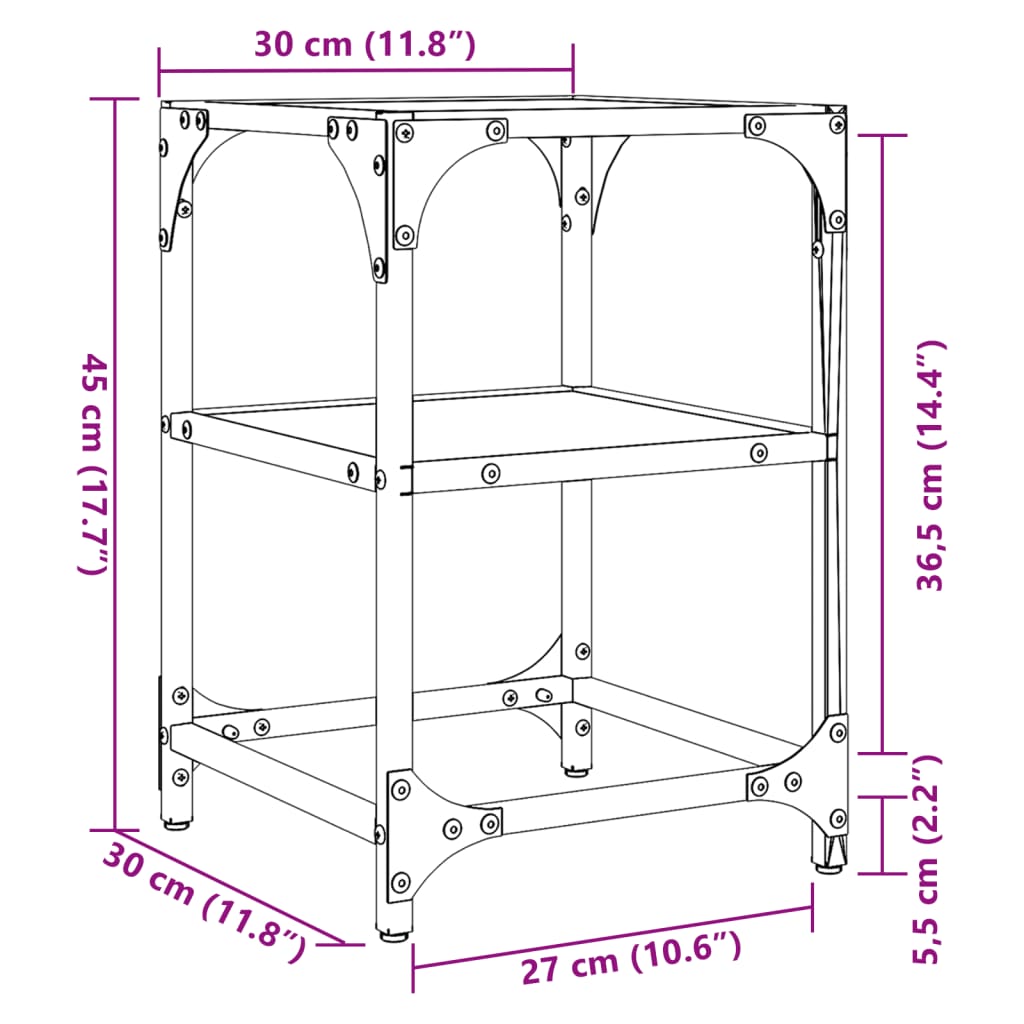 Salontafel met transparant glazen blad 30x30x45 cm staal