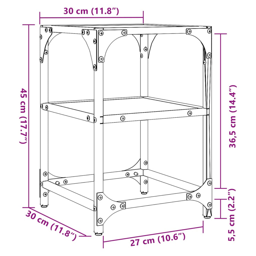Salontafel met transparant glazen blad 30x30x45 cm staal