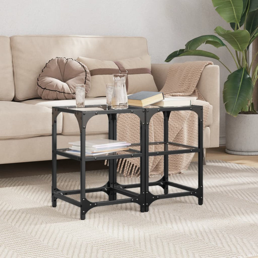 Salontafels 2 st met transparant glazen blad 30x30x45 cm staal