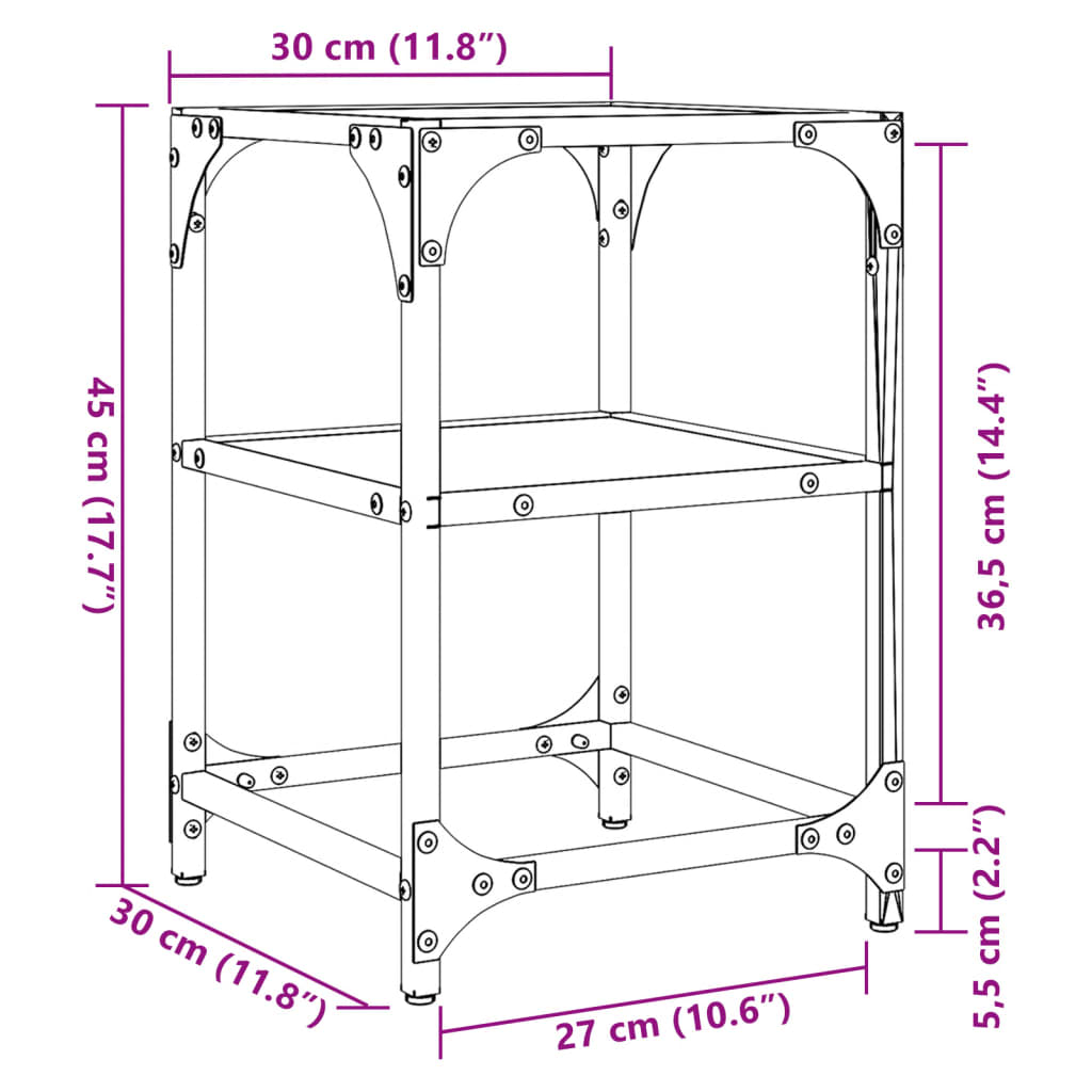 Salontafels 2 st met zwart glazen blad 30x30x45 cm staal