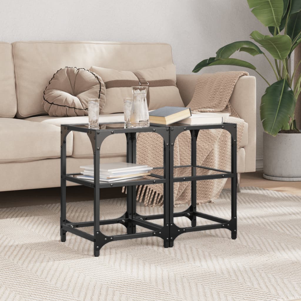 Salontafels 2 st met zwart glazen blad 30x30x45 cm staal