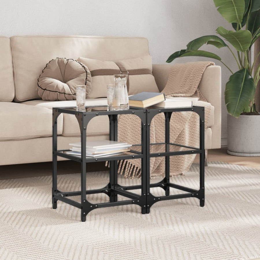Salontafels 2 st met zwart glazen blad 30x30x45 cm staal