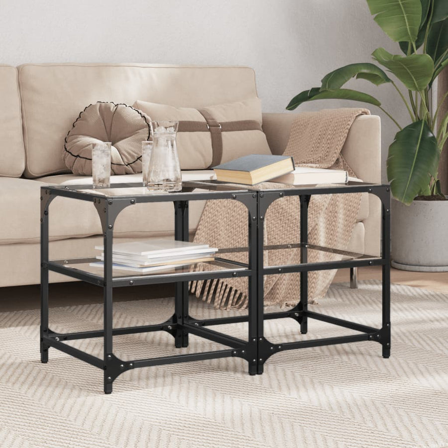 Salontafels 2 st met transparant glazen blad 40x40x45 cm staal
