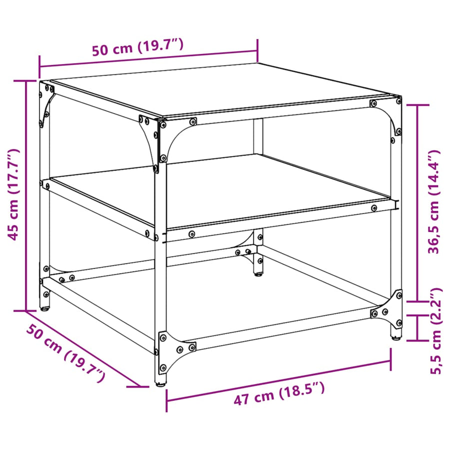 Salontafels 2 st met zwart glazen blad 50x50x45 cm staal