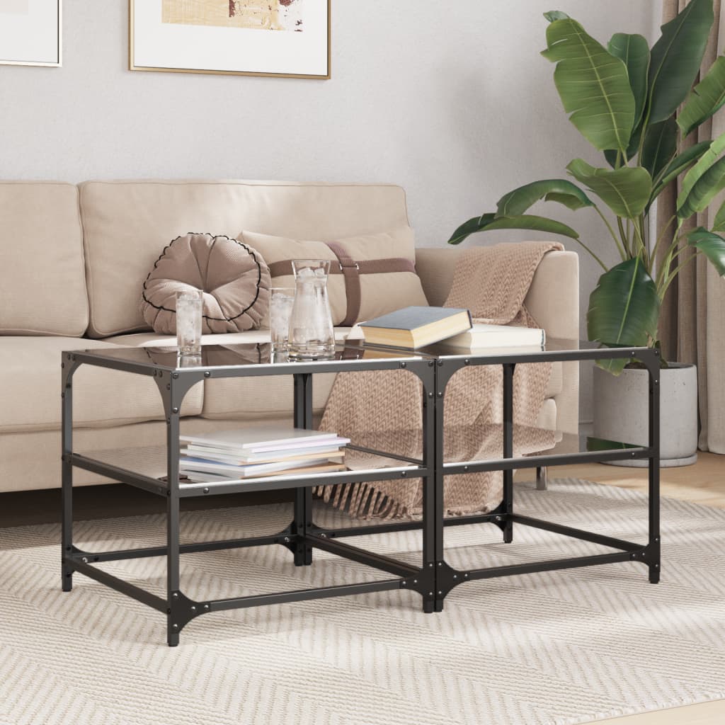 Salontafels 2 st met zwart glazen blad 50x50x45 cm staal