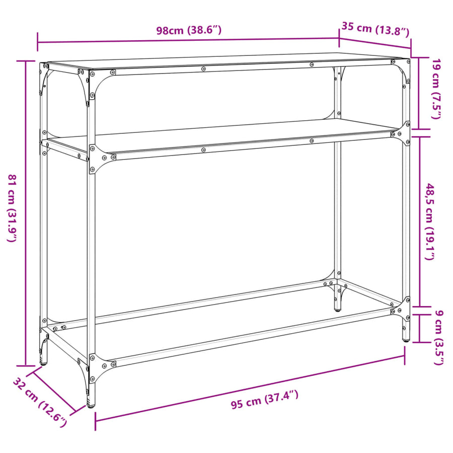 Wandtafel met transparant glazen blad 98x35x81 cm staal