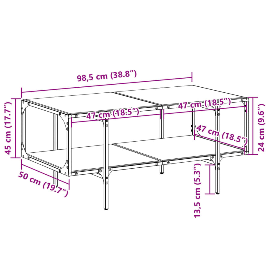 Salontafel met zwart glazen blad 98,5x50x45 cm staal