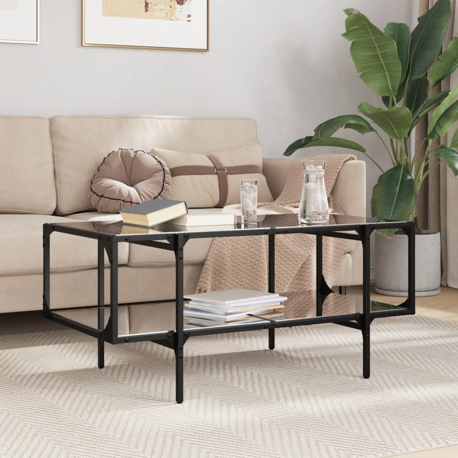 Salontafel met zwart glazen blad 98,5x50x45 cm staal