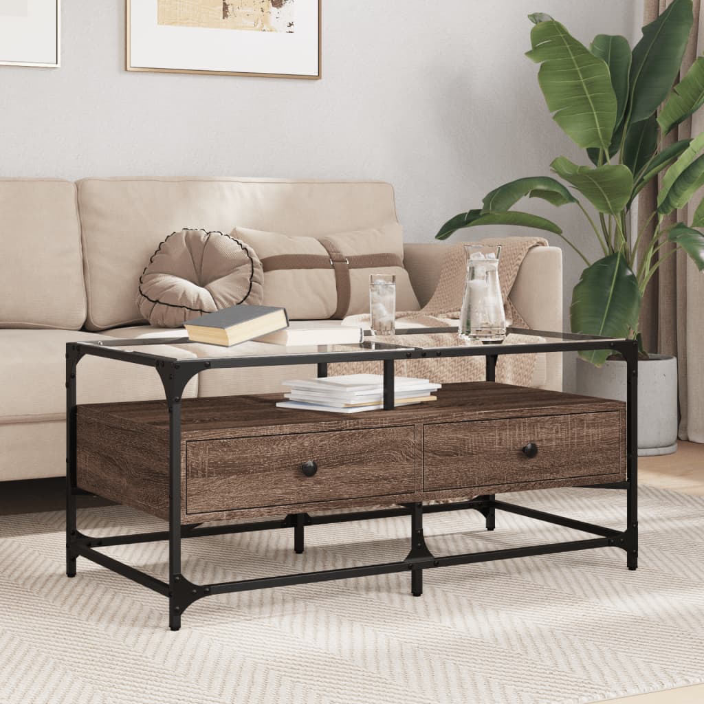 Salontafel met glazen blad 98,5x50x45 cm sonoma eiken staal