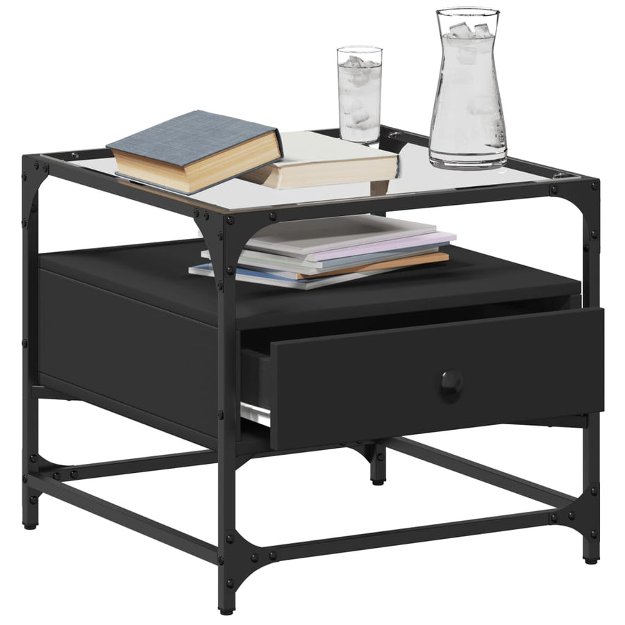 Salontafel met zwart glazen blad 50x50x45 cm staal