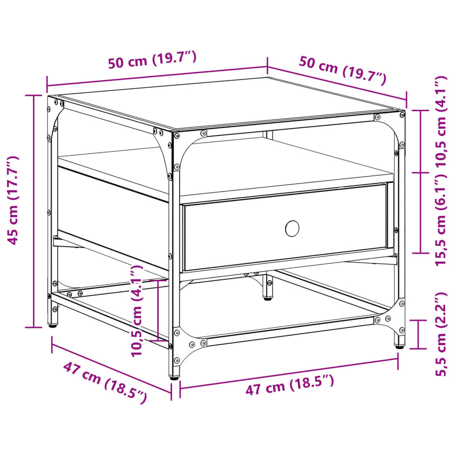 Salontafel met zwart glazen blad 50x50x45 cm staal