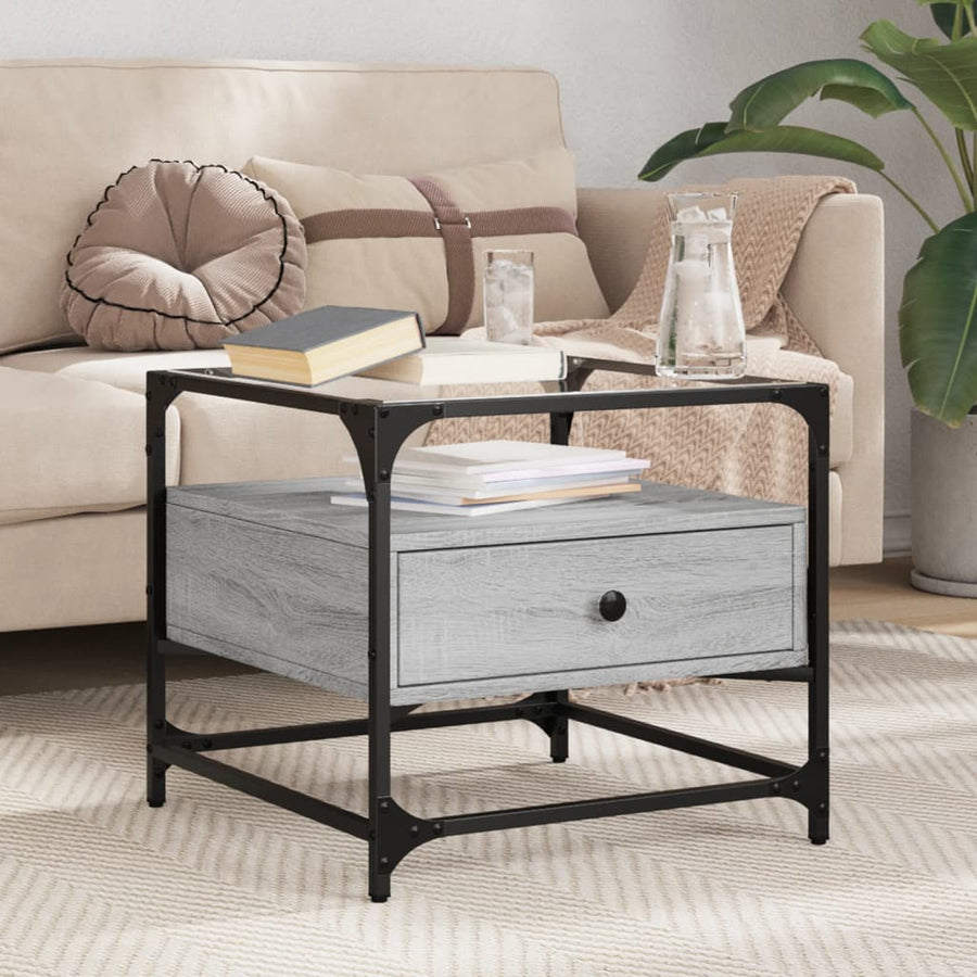 Salontafel met glazen blad 50x50x45 cm staal