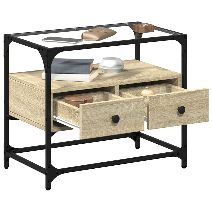 Tv-meubel met glazen blad 60x35x51 cm bewerkt hout sonoma eiken