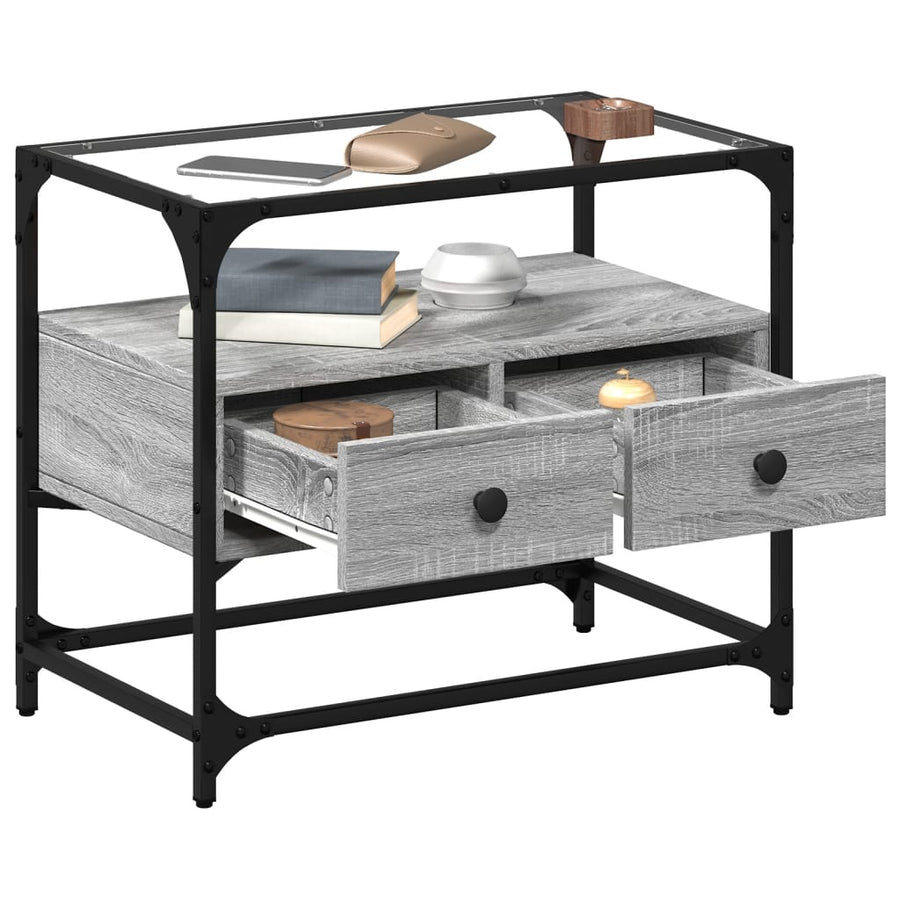 Tv-meubel met glazen blad 60x35x51 cm bewerkt hout grijs sonoma