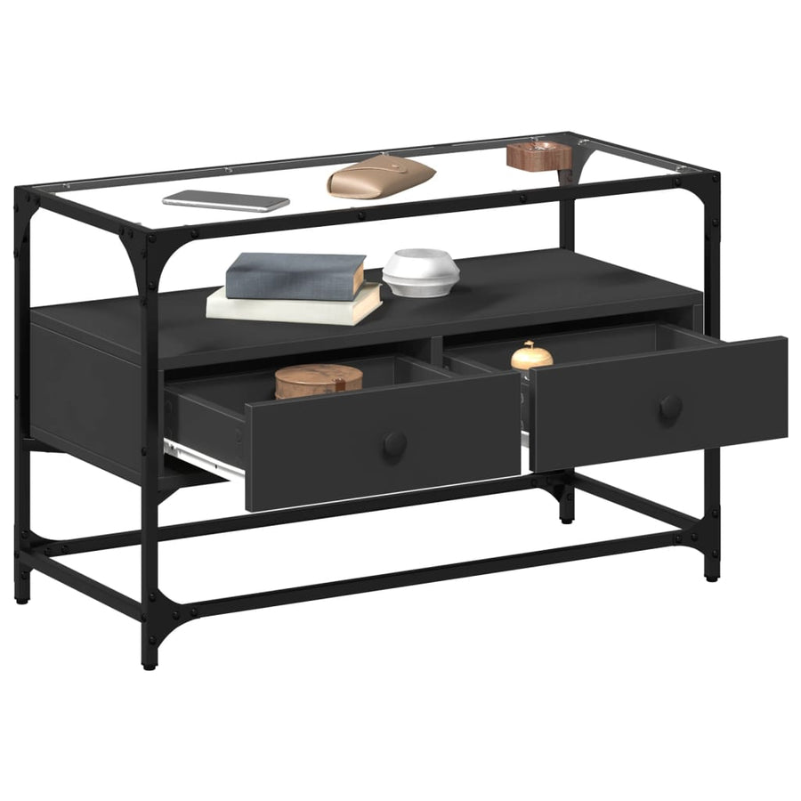 Tv-meubel met glazen blad 80x35x51 cm bewerkt hout zwart