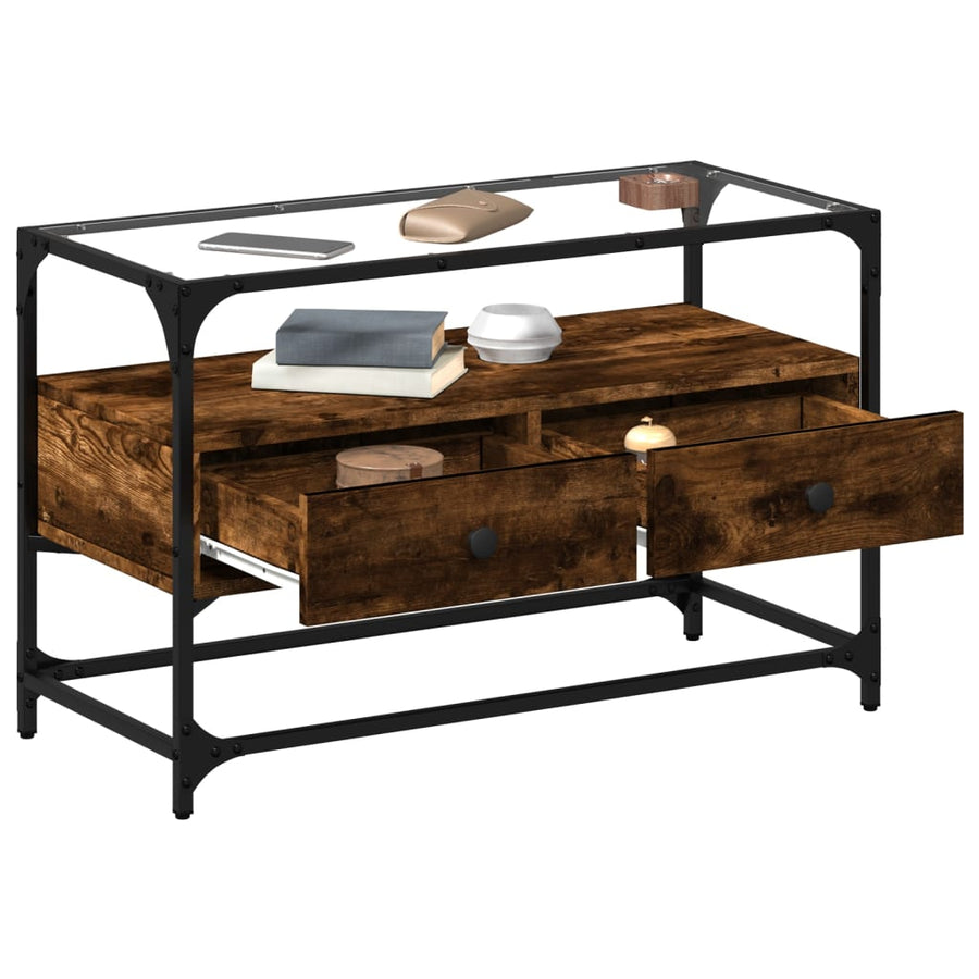 Tv-meubel met glazen blad 80x35x51 cm hout gerookt eikenkleurig