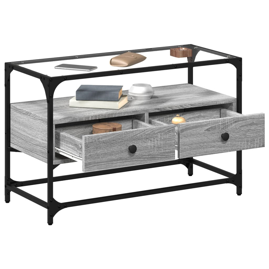 Tv-meubel met glazen blad 80x35x51 cm bewerkt hout grijs sonoma