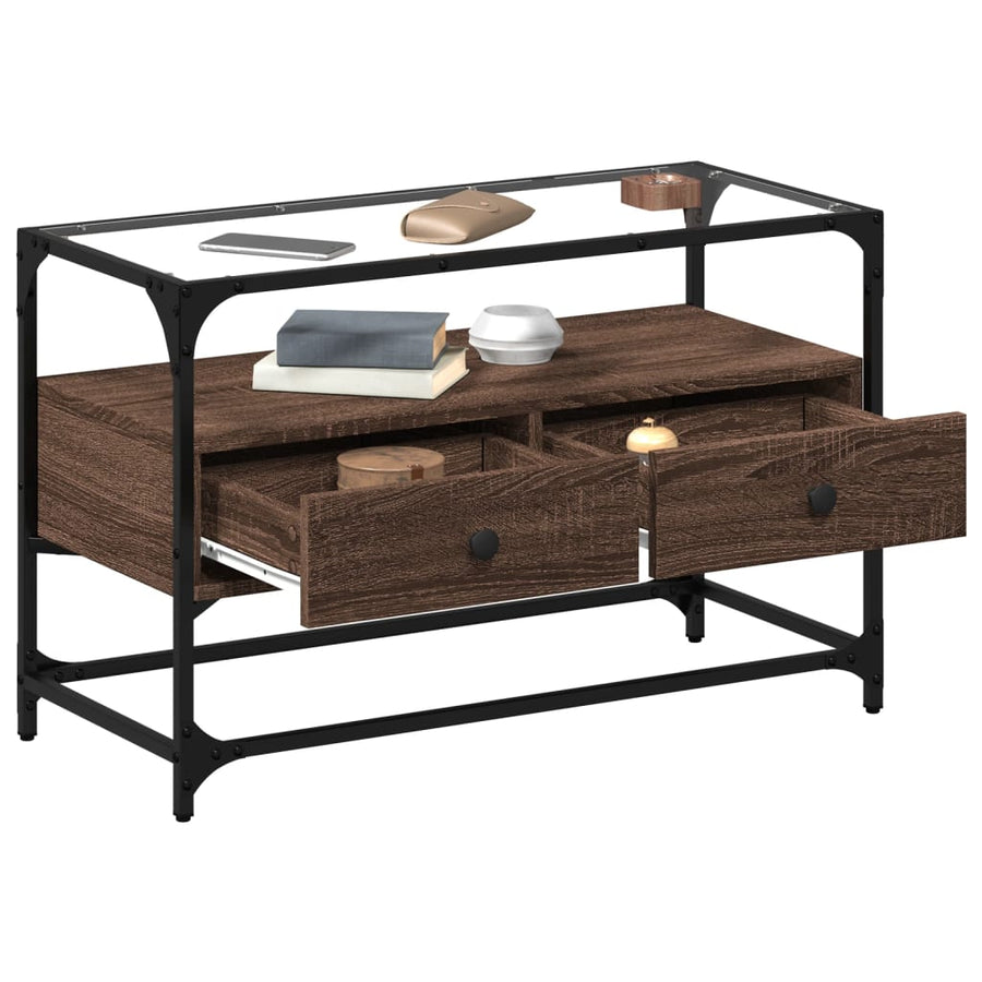 Tv-meubel met glazen blad 80x35x51 cm hout bruin eikenkleurig