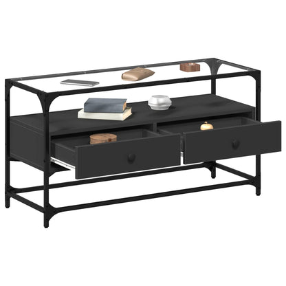 Tv-meubel met glazen blad 98x35x51 cm bewerkt hout zwart