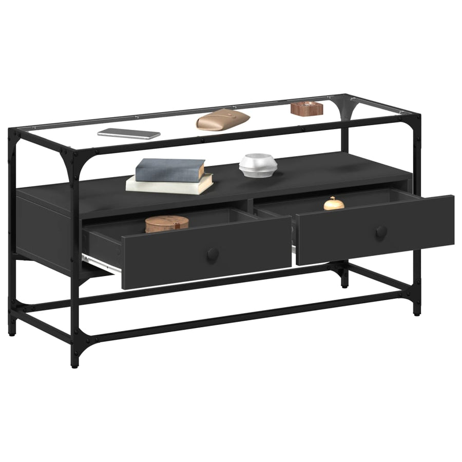 Tv-meubel met glazen blad 98x35x51 cm bewerkt hout zwart