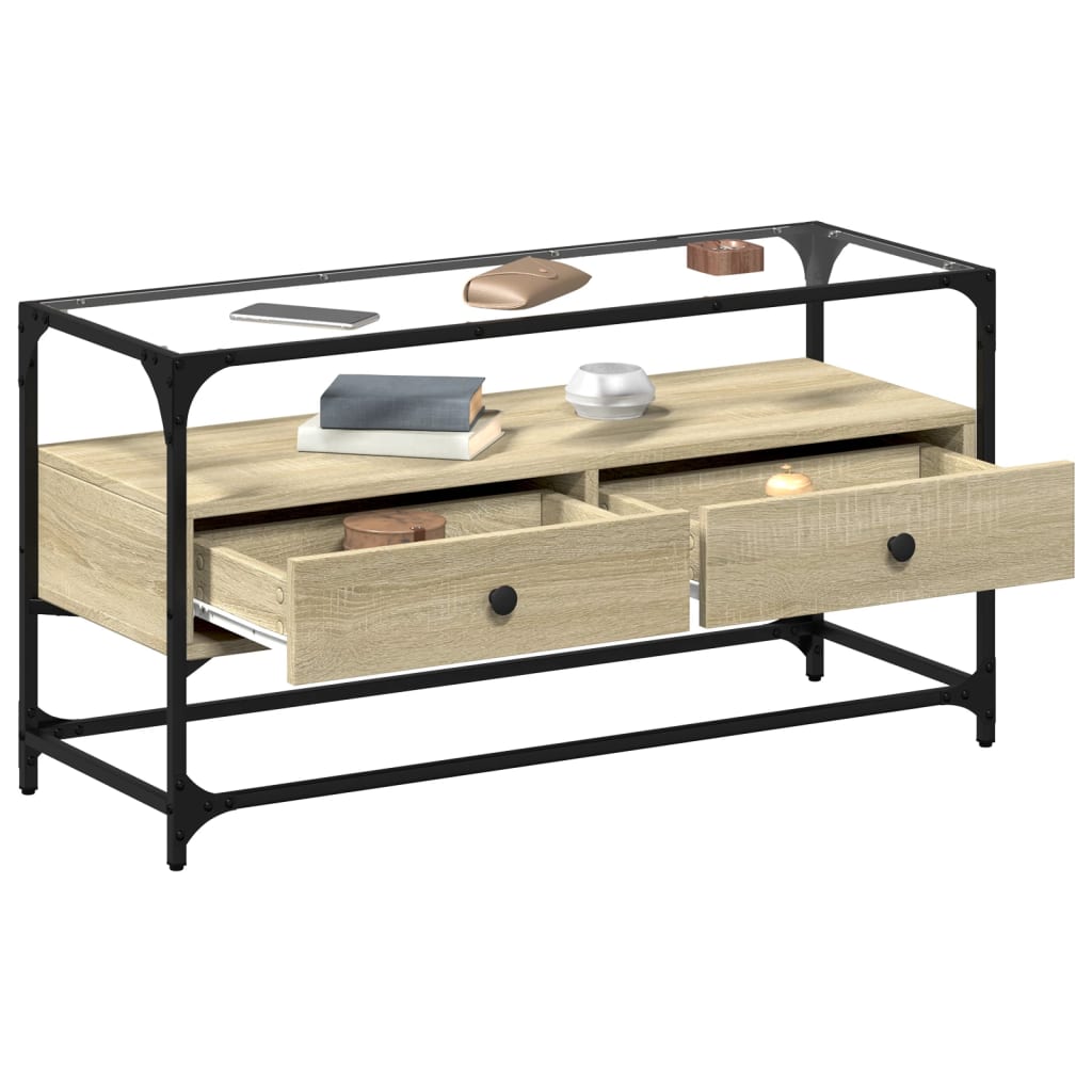 Tv-meubel met glazen blad 98x35x51 cm bewerkt hout sonoma eiken