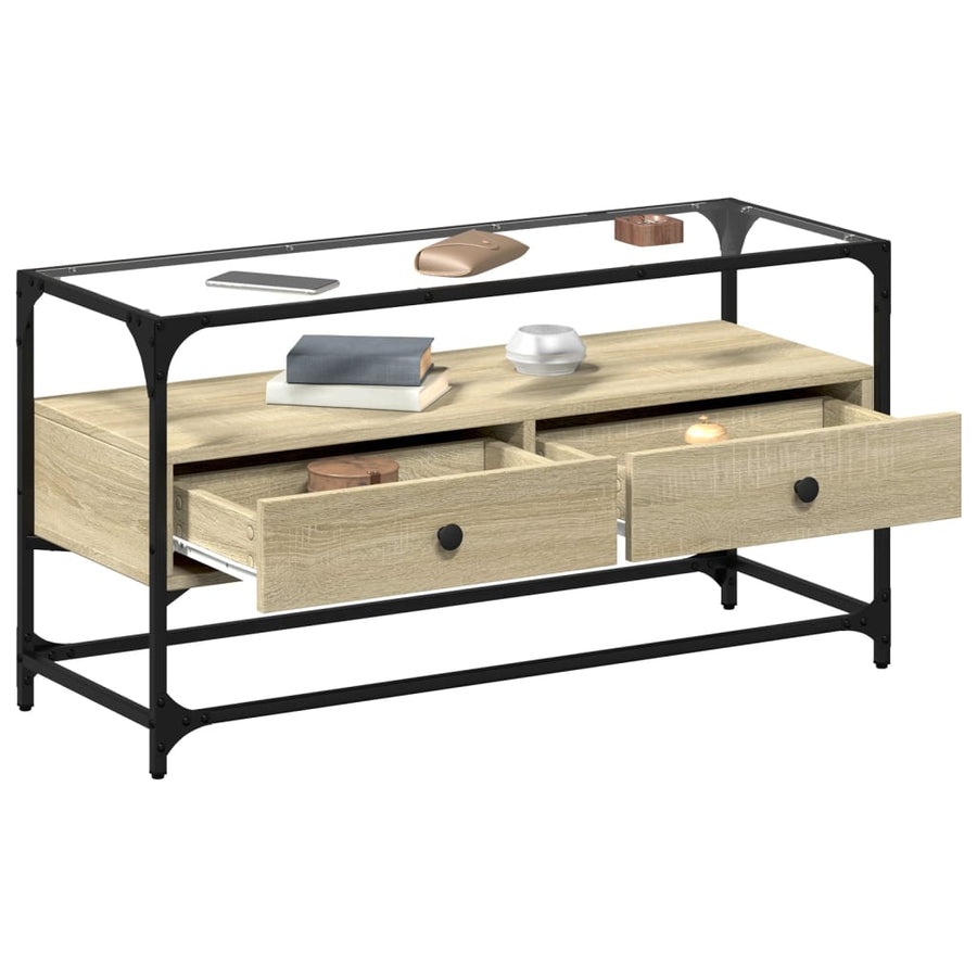 Tv-meubel met glazen blad 98x35x51 cm bewerkt hout sonoma eiken