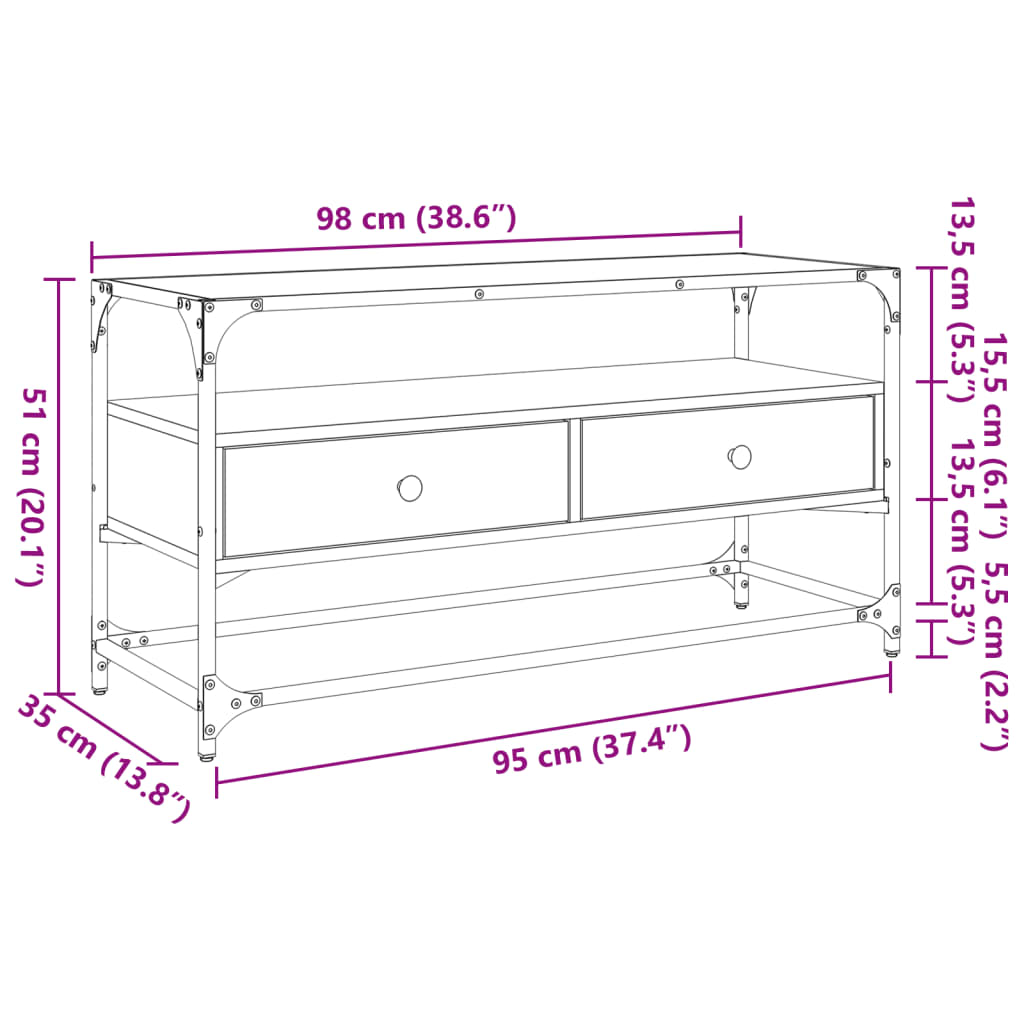 Tv-meubel met glazen blad 98x35x51 cm bewerkt hout sonoma eiken
