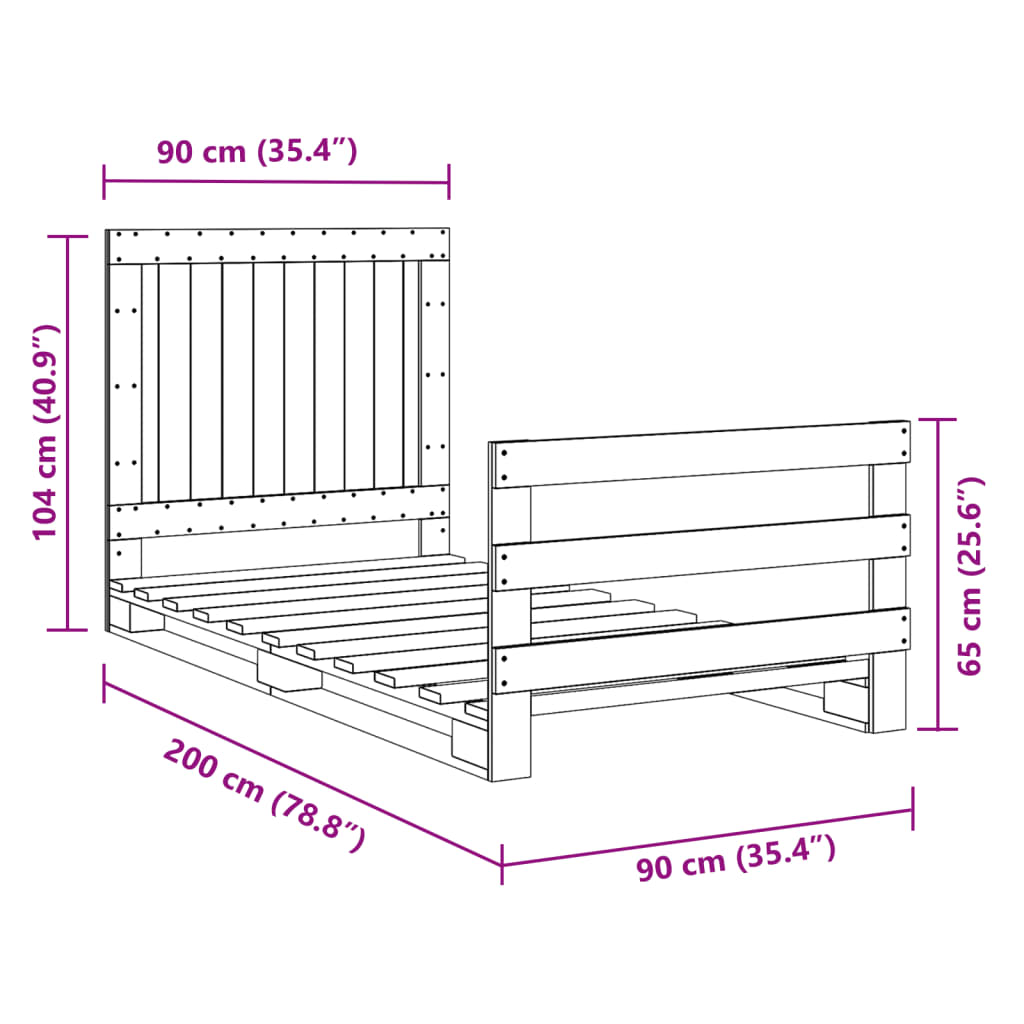 Bedframe met hoofdbord massief grenenhout 90x200 cm