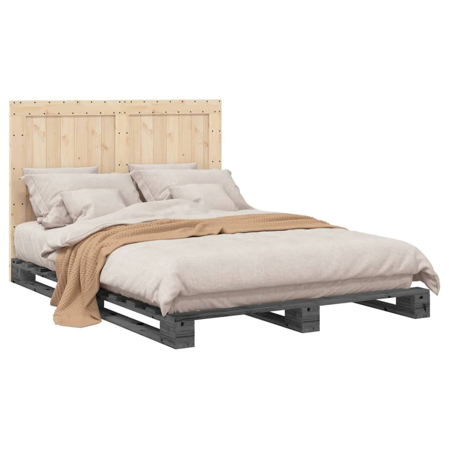 Bedframe met hoofdbord massief grenenhout grijs 140x200 cm
