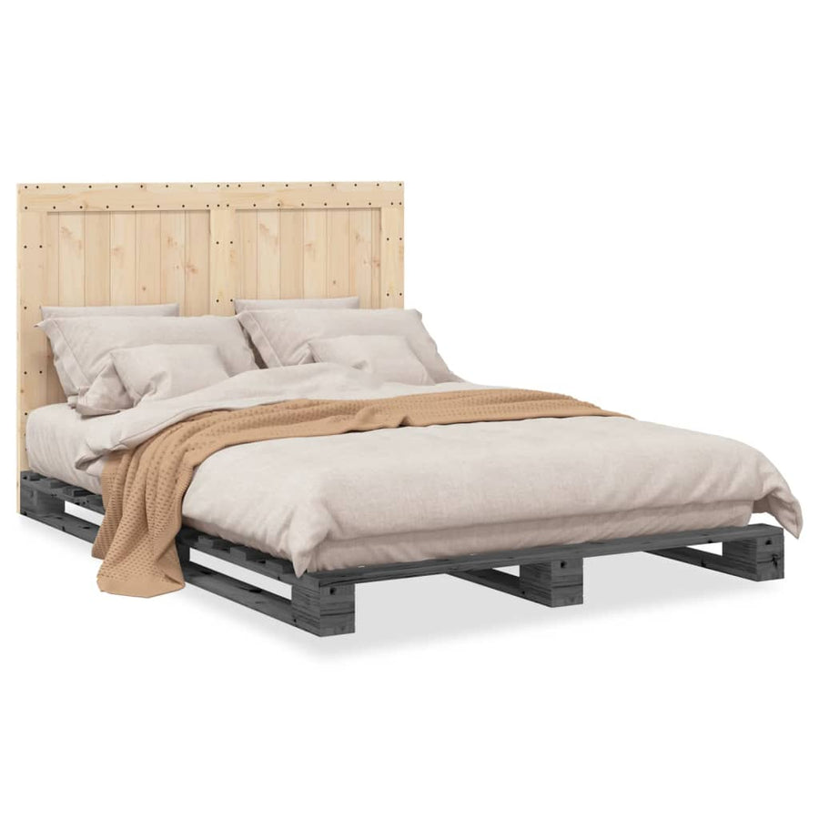 Bedframe met hoofdbord massief grenenhout grijs 140x200 cm