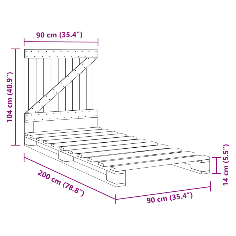 Bedframe met hoofdbord massief grenenhout 90x200 cm